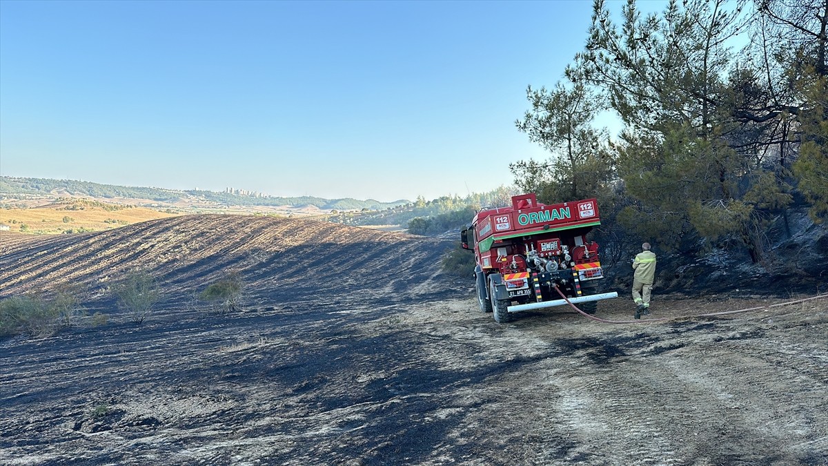 Adana'nın merkez Sarıçam ilçesinde ormanlık alana sıçrayan anız yangını, ekiplerin havadan ve...