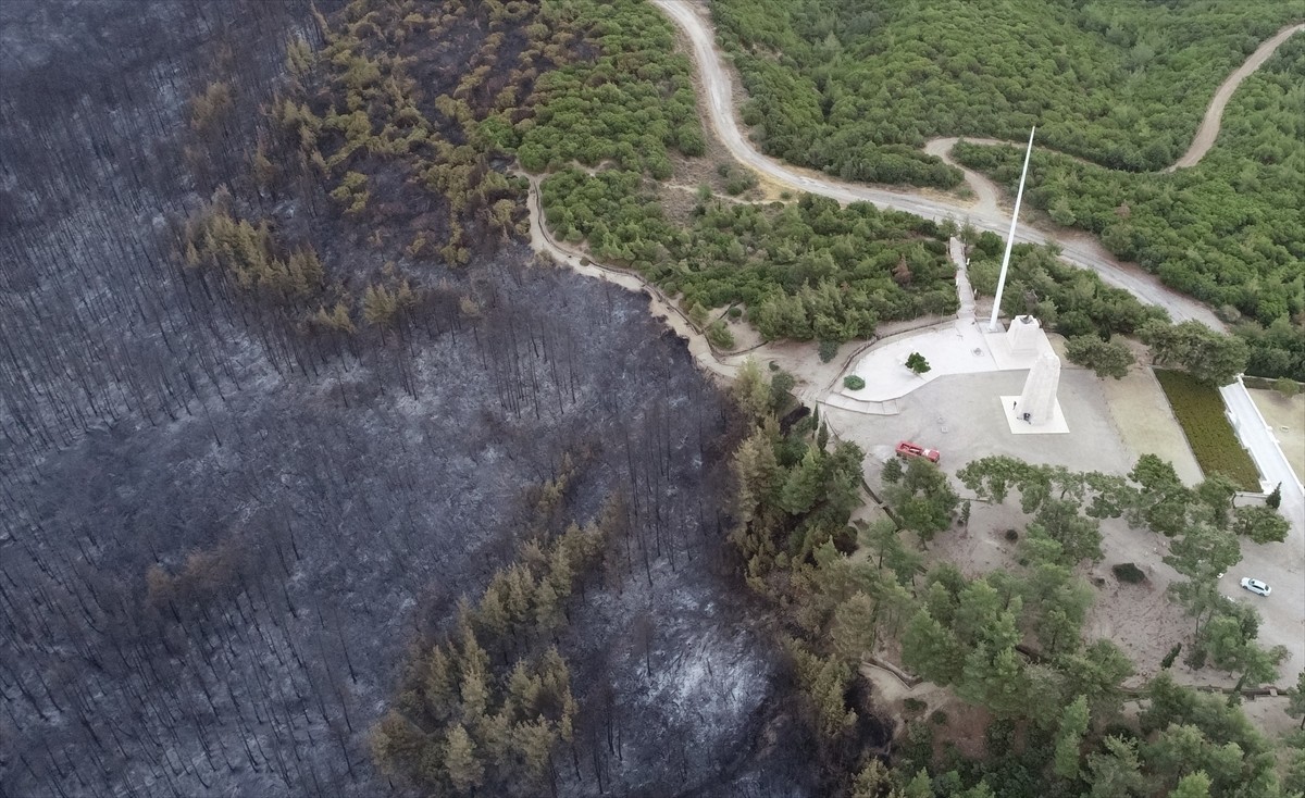 Çanakkale'de 21 saattir devam eden orman yangınının zarar verdiği Tarihi Gelibolu Yarımadası dron...