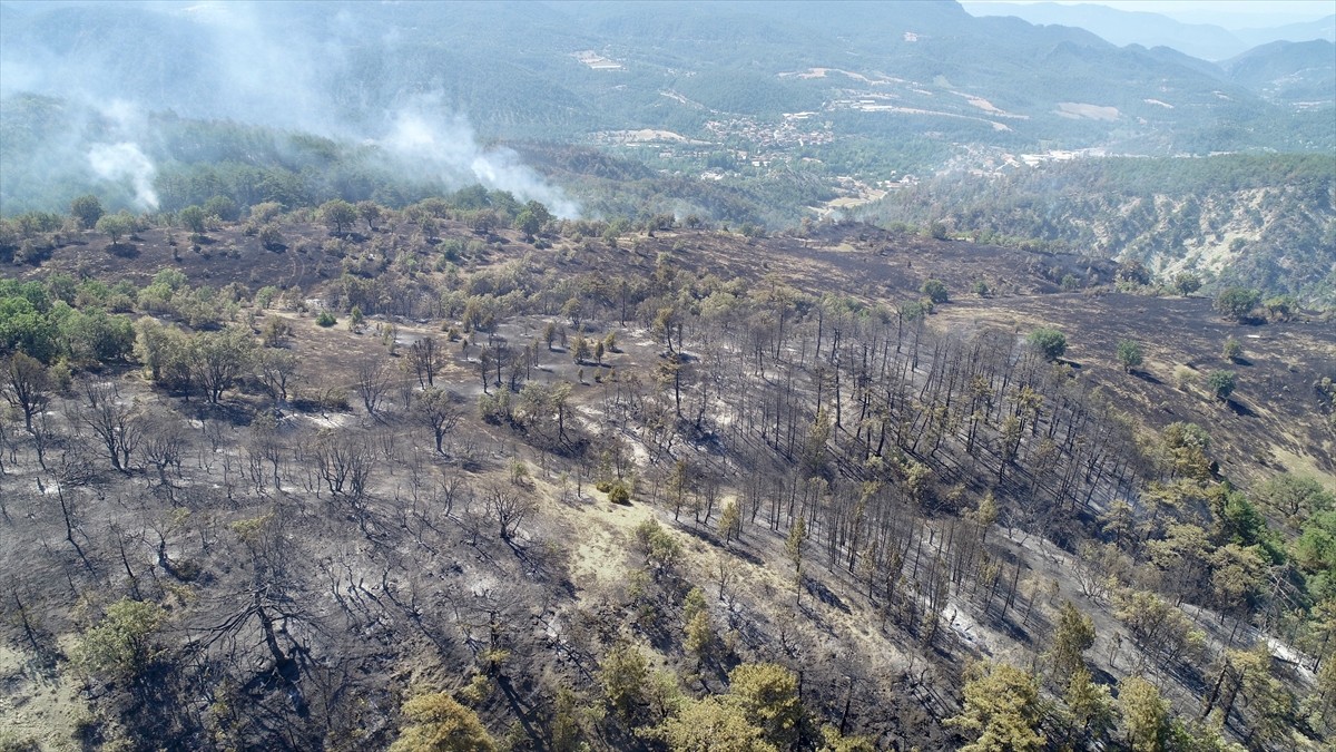 Bolu'nun Göynük ilçesinde çıkan yangında zarar gören ormanlık alan Dedeler Köyü mevkisinde havadan...