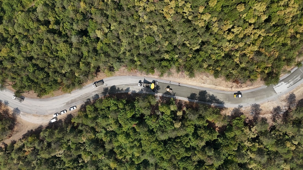 Düzce'nin Kaynaşlı ilçesinde bulunan Korugöl Tabiat Parkı'nda yol yapım çalışmaları...