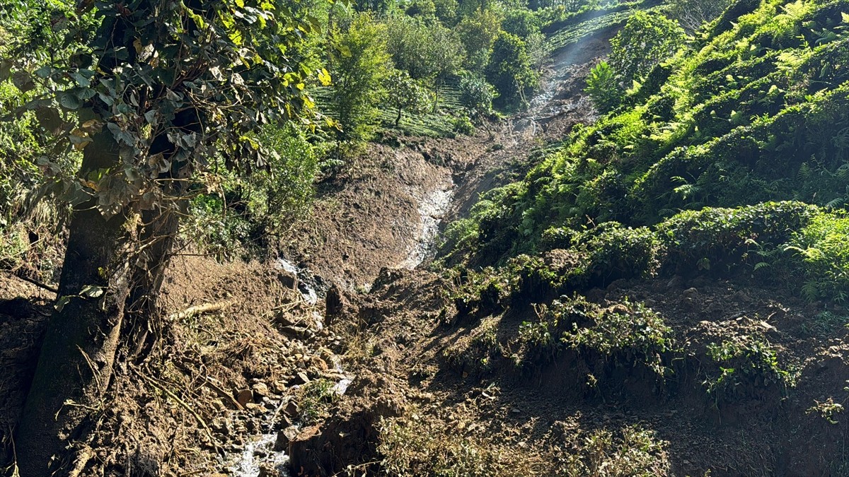 Rize'de etkili olan sağanak nedeniyle bazı derelerin debisi yükseldi ve toprak kayması meydana...