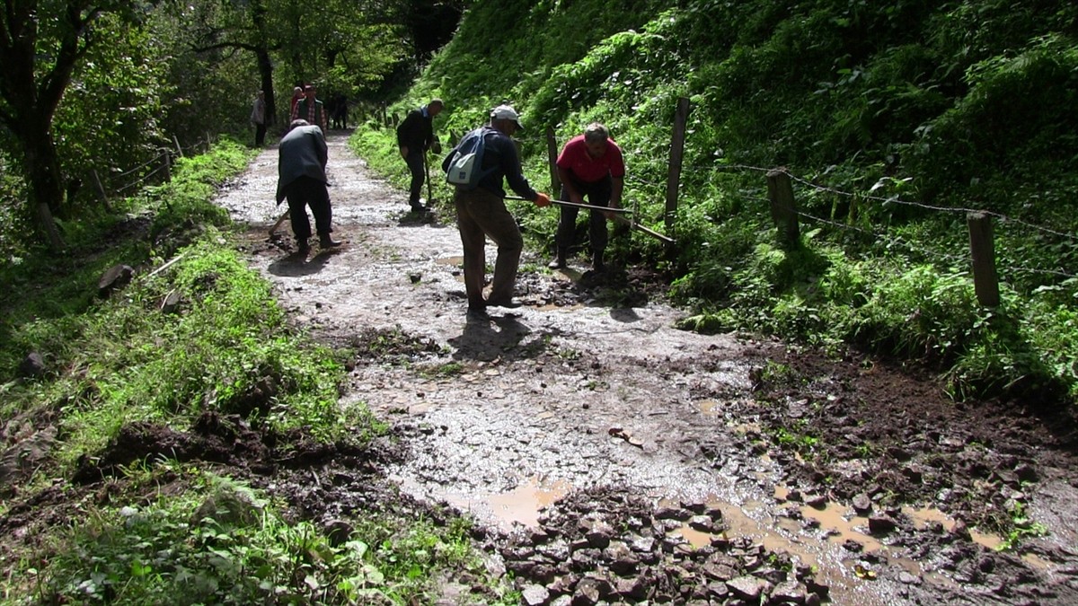 Artvin'in Borçka ilçesinde yağışlar sebebiyle bozulan köy yollarını, vatandaşlar imece usulüyle...