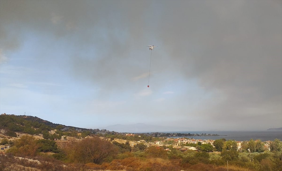 İzmir'in Foça ilçesinde çöplükte çıkan ve ormanlık alana sıçrayan yangına havadan ve karadan...